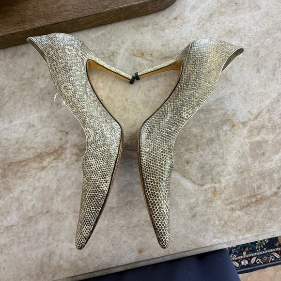 Judith Leiber Gold Tan  snake embossed Heels with Pointed Toe - Picture 3 of 16